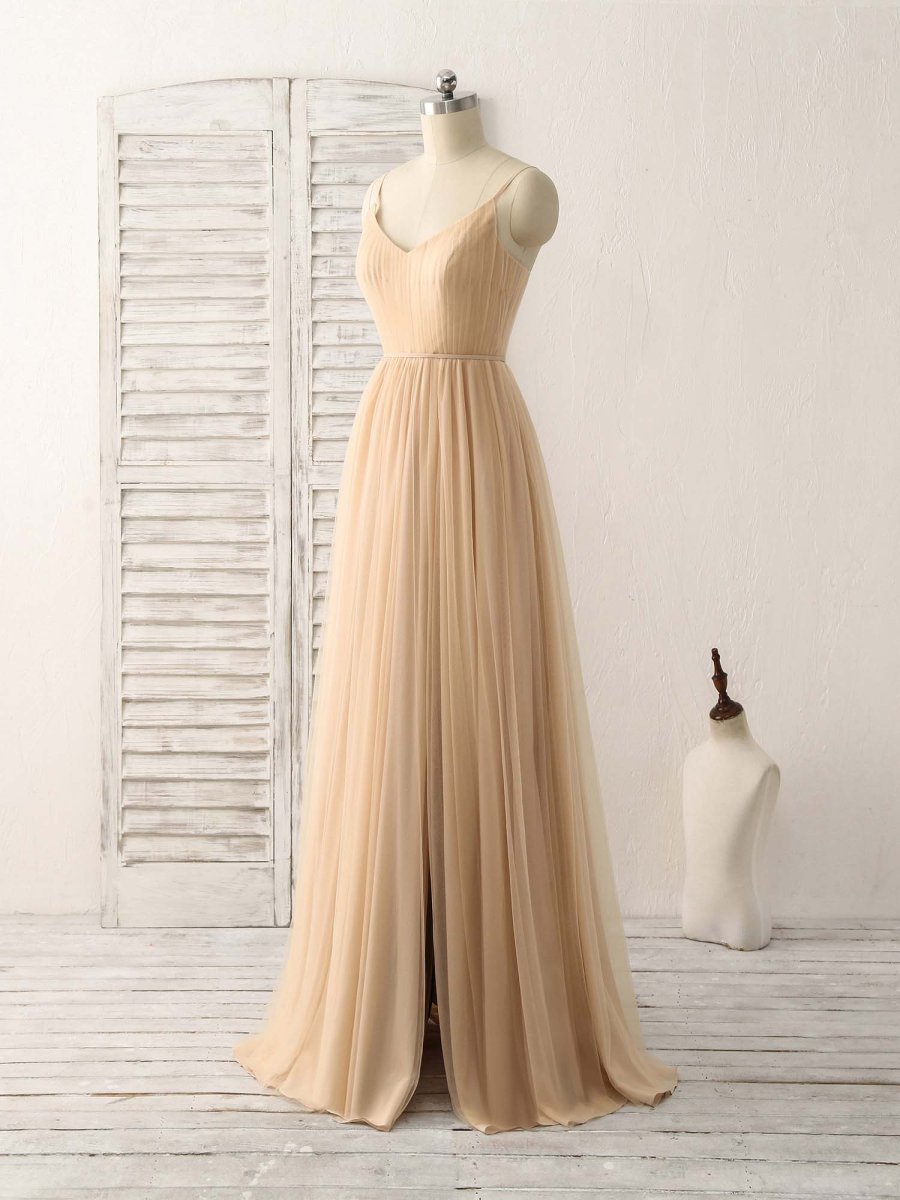 Elegant V-Neck Tulle Chiffon Long Prom Dress Champagne Bridesmaid Gown - Bild 3