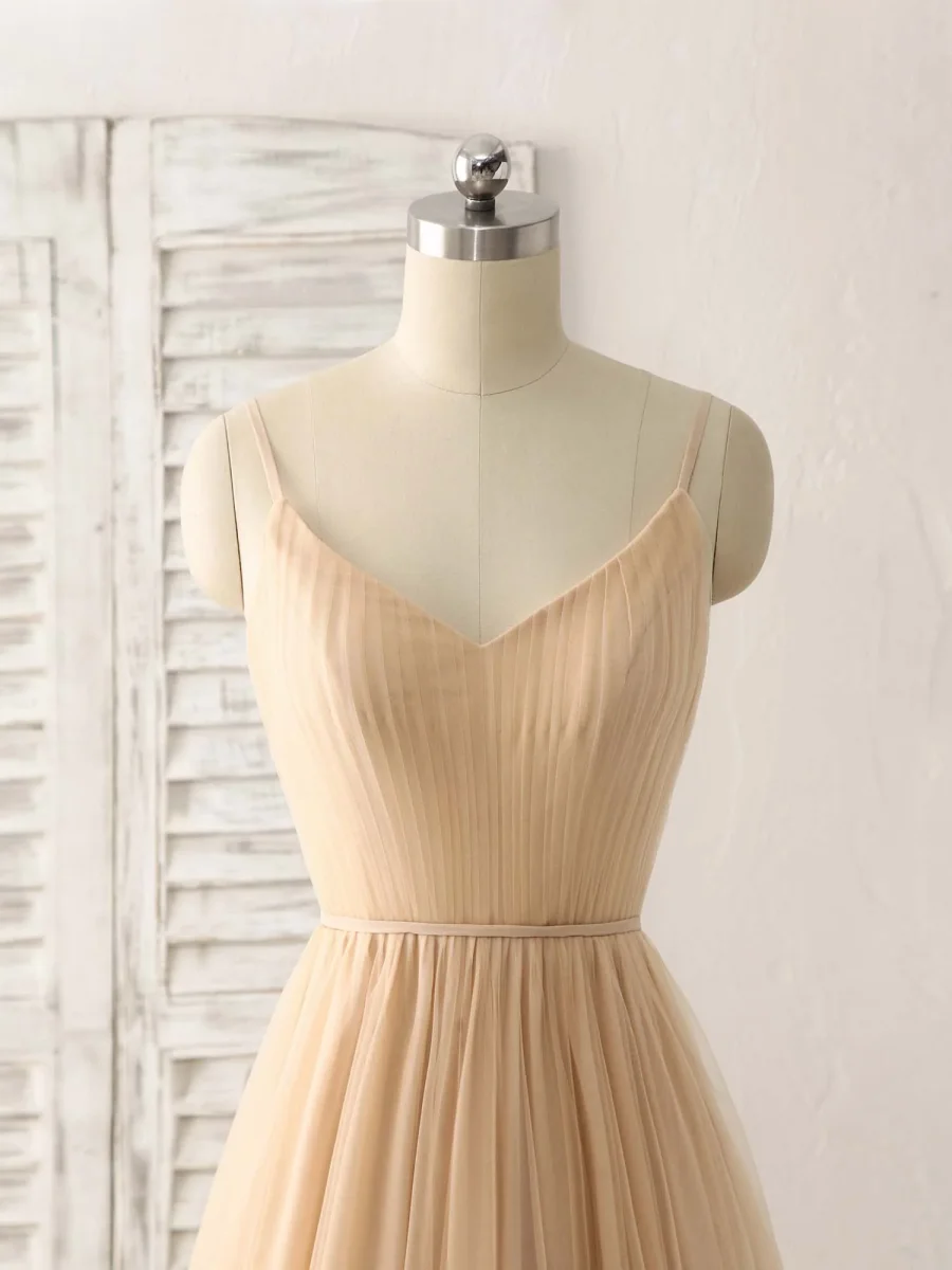 Elegant V-Neck Tulle Chiffon Long Prom Dress Champagne Bridesmaid Gown - Bild 5