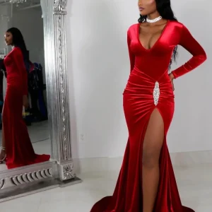 Elegant Red Long-Sleeve Prom Gown with High Slit and Pleated Details