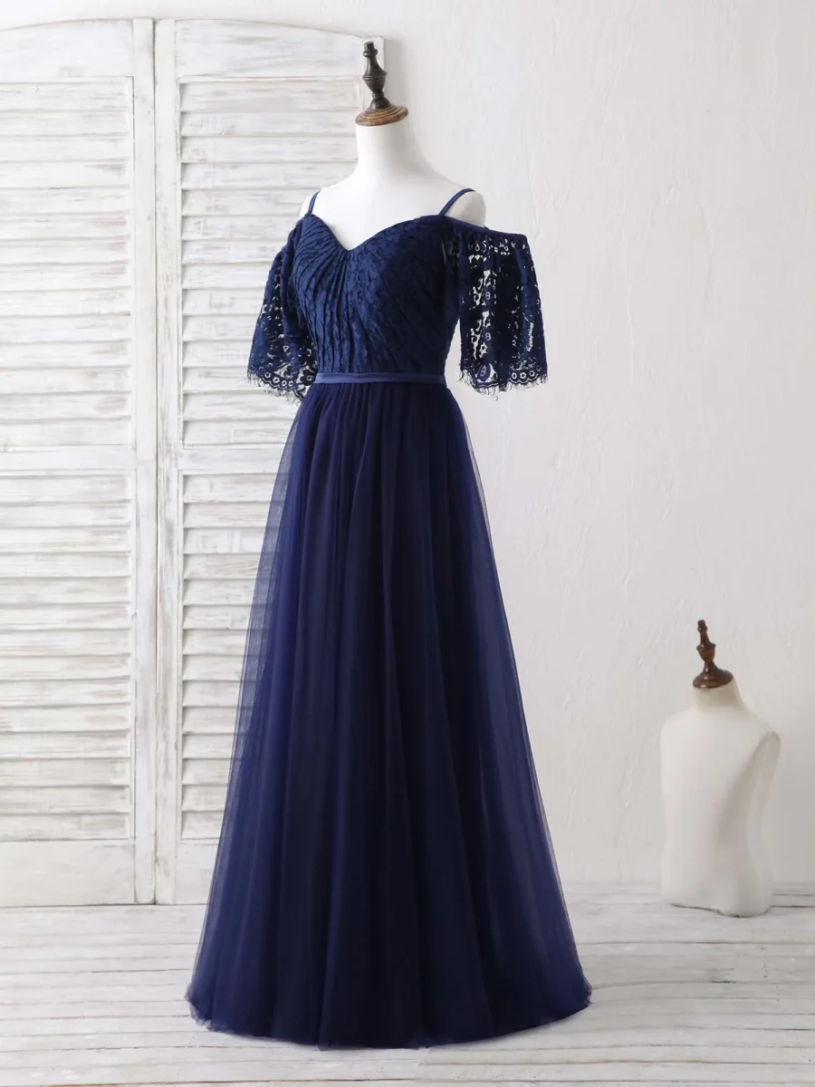 Elegant Dark Blue A-Line Lace Tulle Long Prom Dress Evening Gown - Bild 3