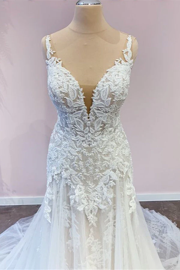 Stunning Spaghetti Straps A-Line Wedding Dress Sweetheart Neckline Appliques Lace Gown - Bild 4