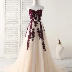 A-Line Sweetheart Tulle Lace Applique Burgundy Long Prom Dress Bridesmaid Dress