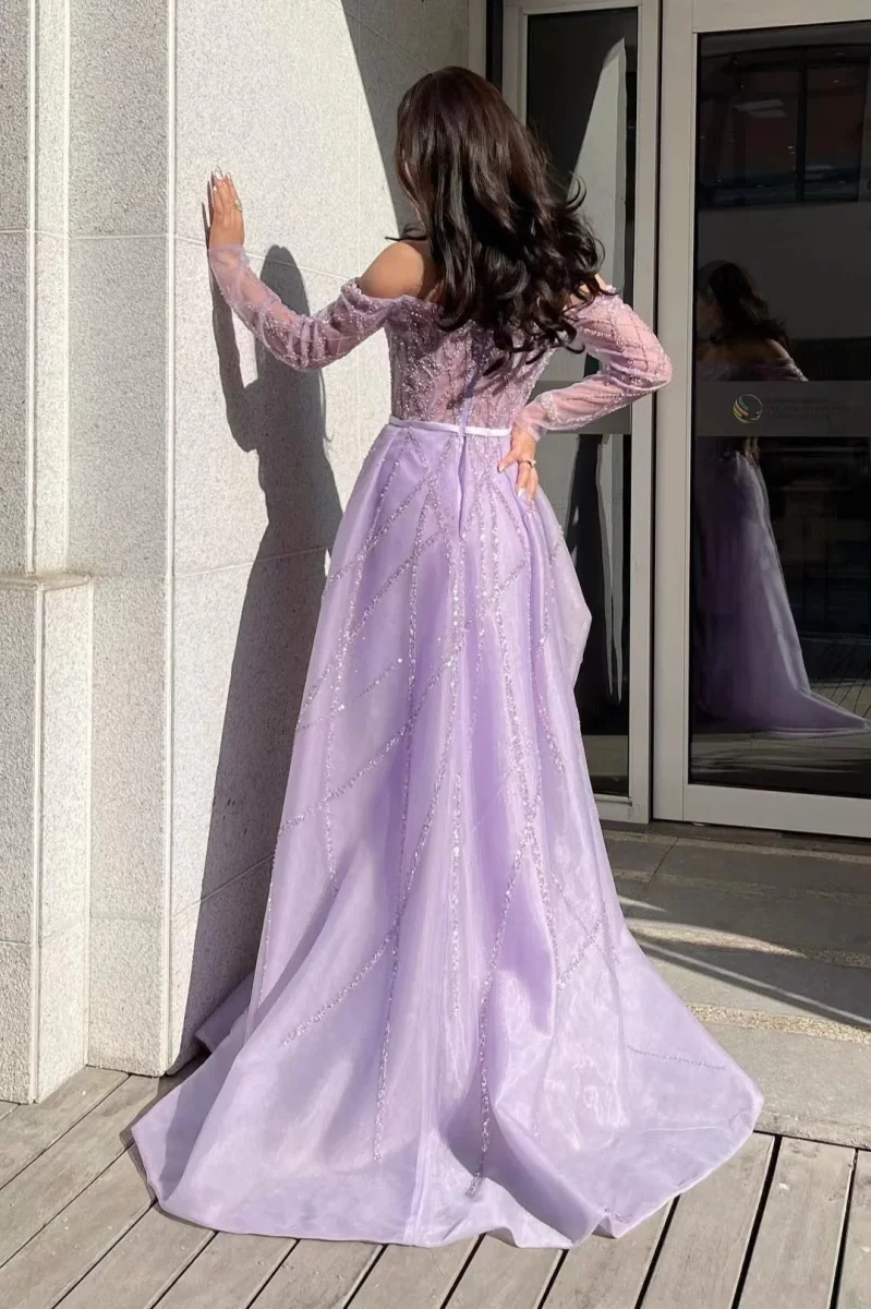 Lilac Off-the-Shoulder Long Sleeve Tulle Mermaid Prom Dress with Beads - Bild 3