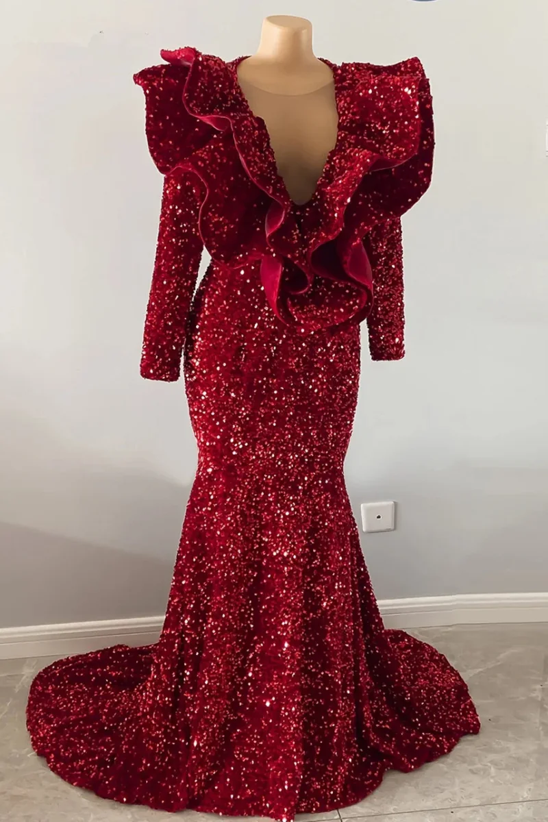 Shiny Sequins Burgundy Mermaid Prom Dress: Elegant V-Neck Sleeveless Floor-Length Gown - Bild 4