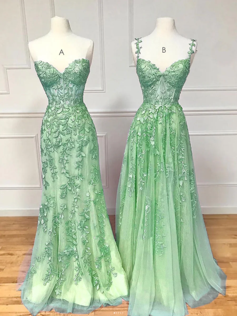 Stunning A-Line Green Tulle Lace Long Prom Evening Dress