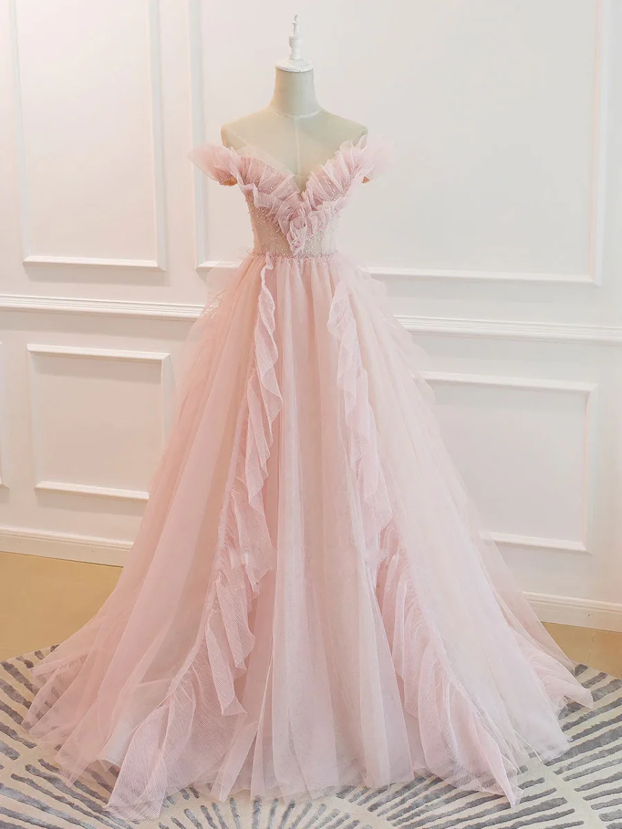 Pink Off Shoulder Tulle Prom Dress