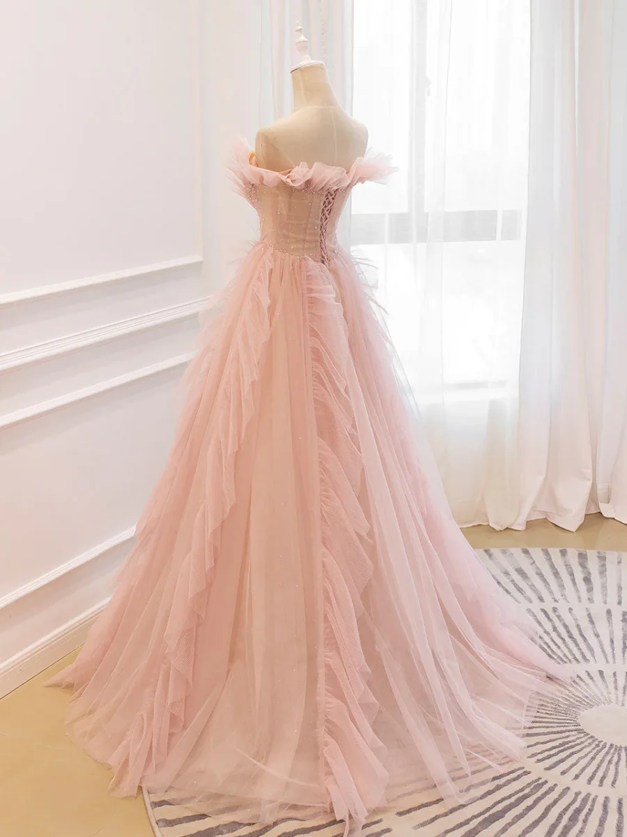 Pink Off Shoulder Tulle Prom Dress - Bild 6