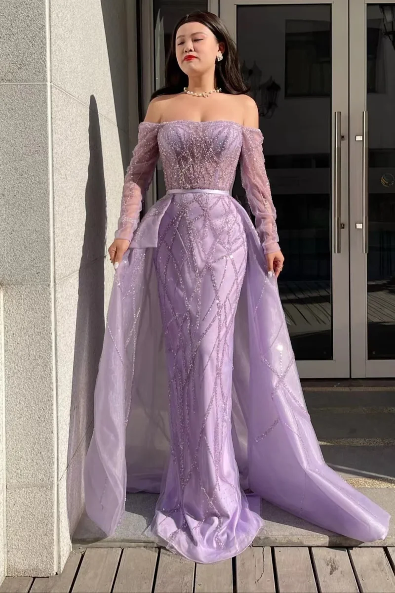 Lilac Off-the-Shoulder Long Sleeve Tulle Mermaid Prom Dress with Beads - Bild 2