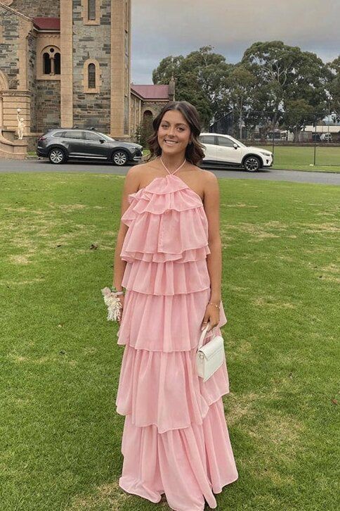 Halter Pink Chiffon Layered Floor-Length Prom Dress Elegant Supportive - Bild 2