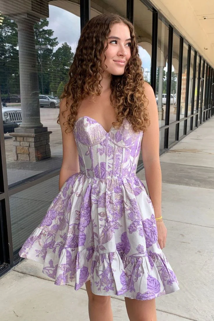 Floral Satin A-Line Homecoming Dress Sleeveless Zipper Built-In Bra - Bild 3
