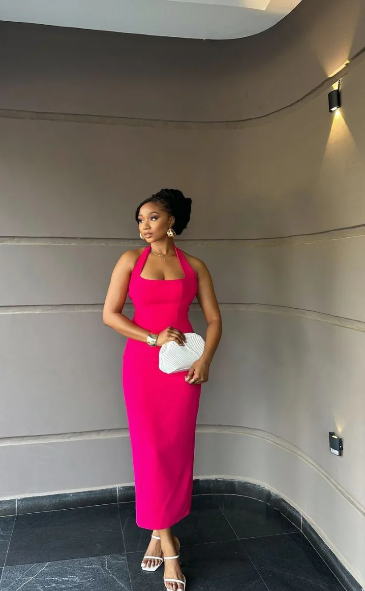 Hot Pink Satin Halter Aftonklänning Ärmlös Ankellång Klänning - Bild 3