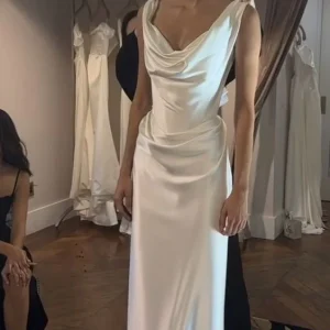 Sexy Sheath Off Shoulder Satin Long Wedding Dresses