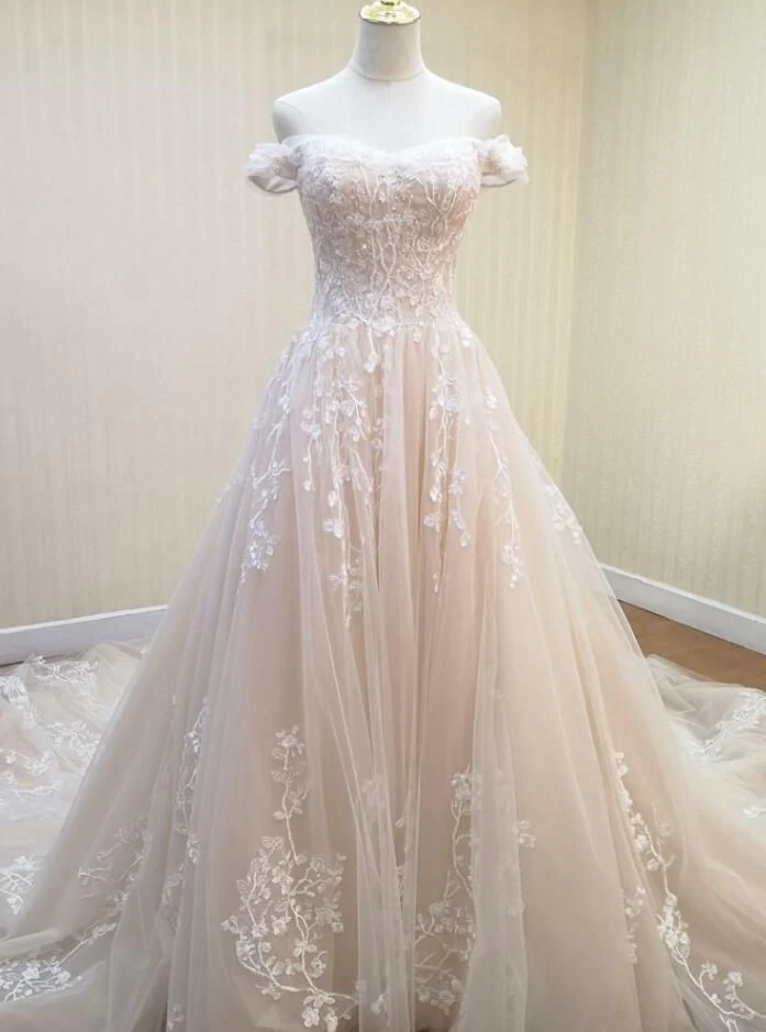 Off Shoulder Tulle Wedding Dress with Sweep Train Lace-Up Back - Bild 2