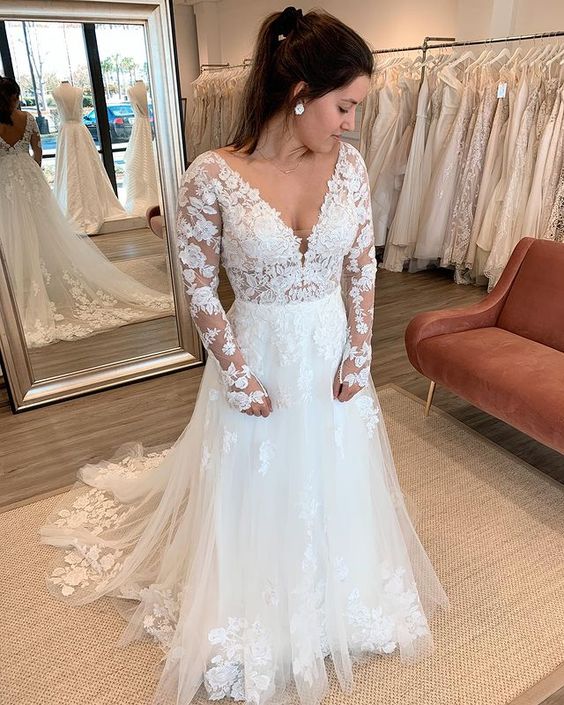A-Line Long Sleeve Lace Wedding Dress Tulle V-Neck Zippered Back - Bild 2