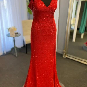 Red Sequin Surplice Mermaid Long Prom Dress with Side Slit