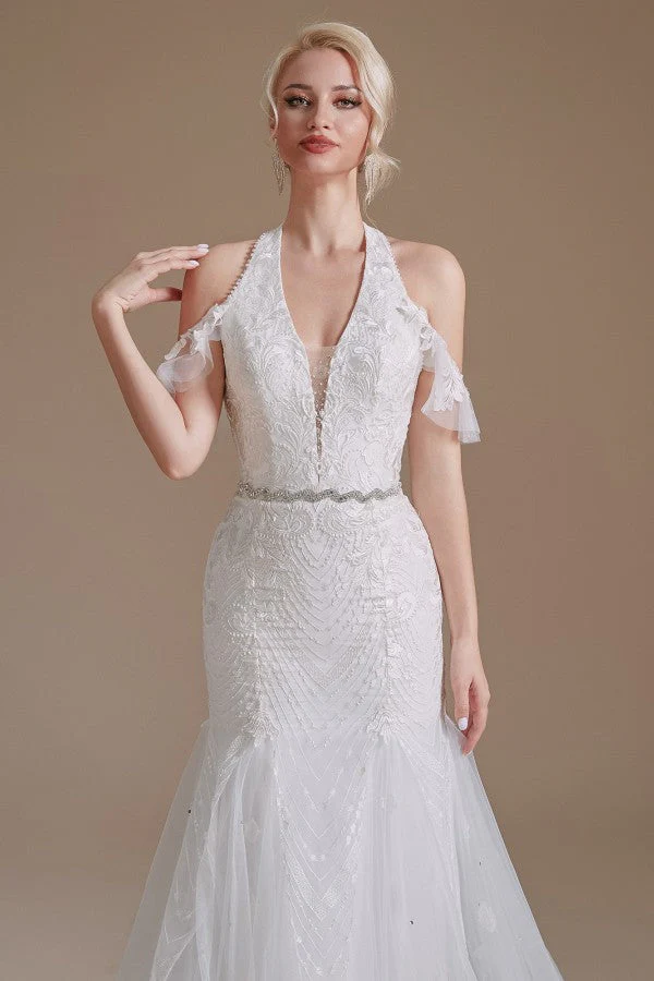Elegant Mermaid Halter Tulle Wedding Gown with Lace Appliques and Floor-Length Design - Bild 8