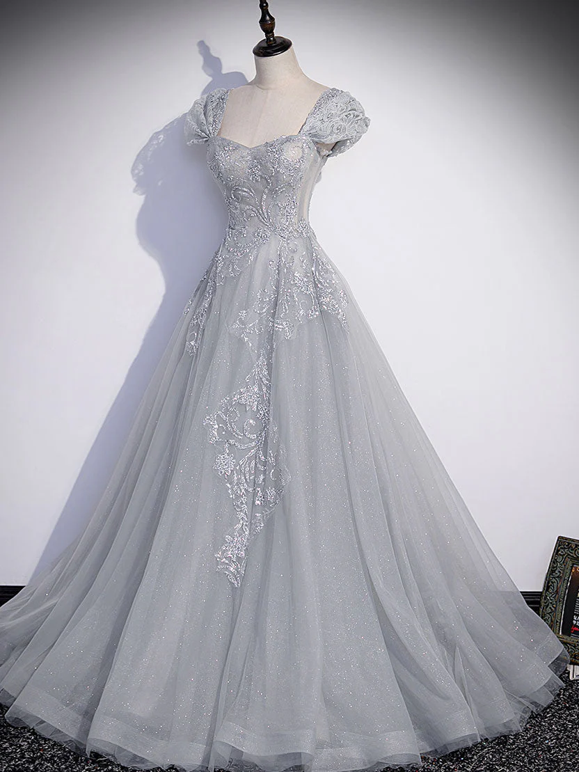 Gray Sweetheart Neck Tulle Lace Long Prom Evening Dress - Bild 3