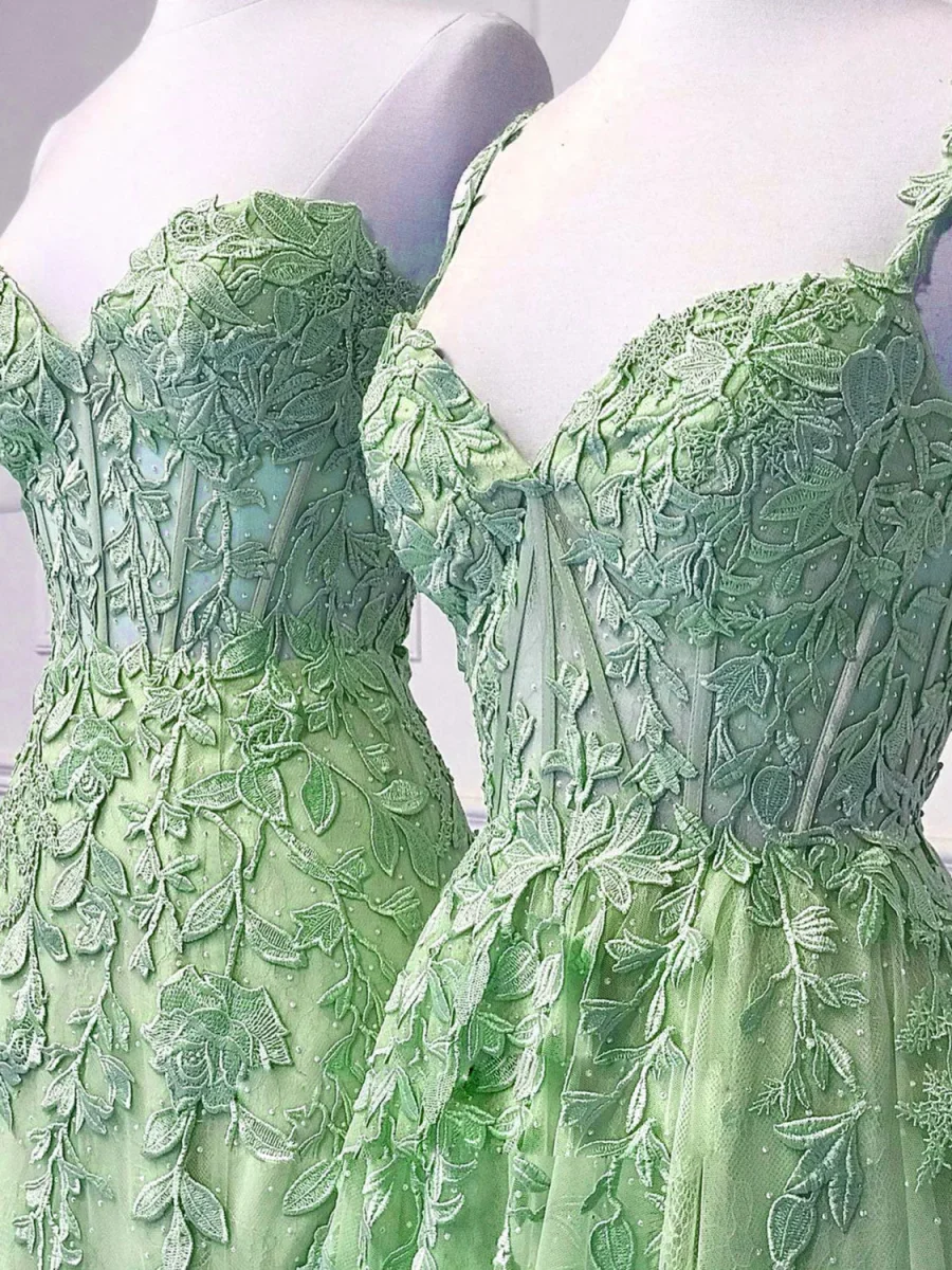 Stunning A-Line Green Tulle Lace Long Prom Evening Dress - Bild 4