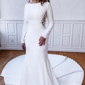 Long Sleeve Illusion Lace Back Sheath Wedding Dress with Appliques