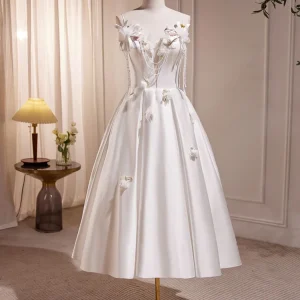 Spaghetti Strap Tea Length White Prom Dress Homecoming Dress