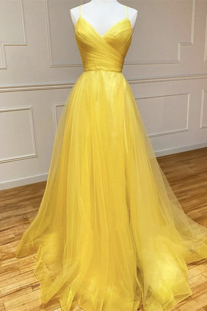 Elegant Yellow Spaghetti Strap Tulle Prom Dress with String Back - Bild 2