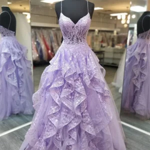 Stunning Spaghetti Straps Lilac Evening Gowns For Formal Prom Nights