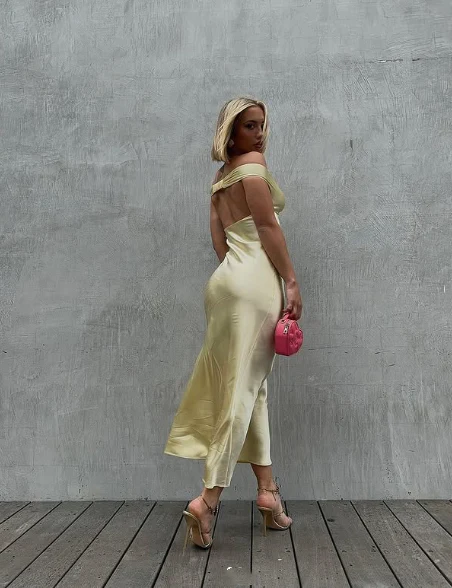 Elegant Mermaid Off-Shoulder Yellow Satin Long Evening Gown Prom Dress - Bild 7