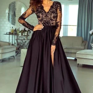 Elegant Black Long Sleeve Prom Dress with High Split and Lace Bodice