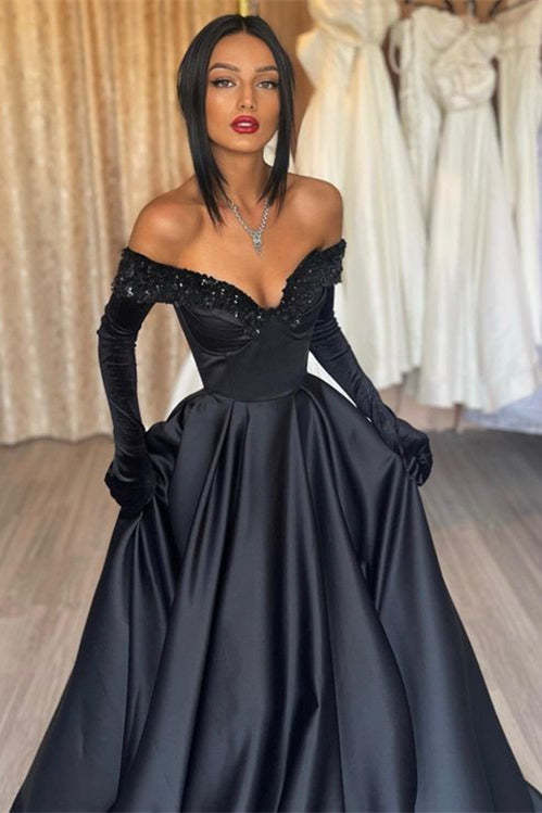 Elegant Black Off-Shoulder Mermaid Prom Dress with Gloves and Sleeves - Bild 2