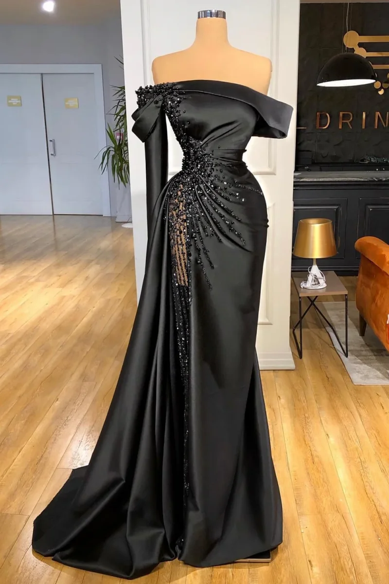 Stunning Black Satin Mermaid Evening Dress with Side Split and Glitter Beadings - Bild 6