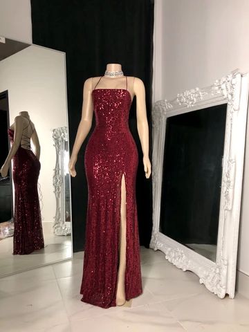 Burgundy Sequin Long Evening Prom Dress Special Occasion Gowns