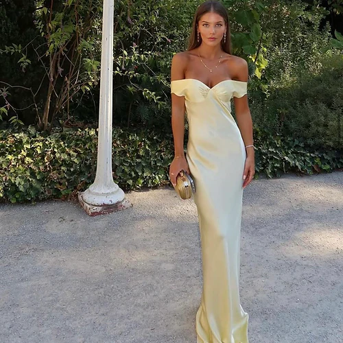 Elegant Mermaid Off-Shoulder Yellow Satin Long Evening Gown Prom Dress - Bild 3