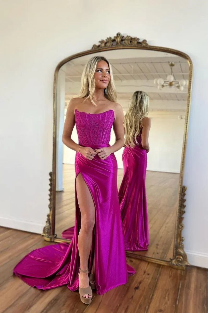 Elegant Fuchsia Bateau Neck Sleeveless Prom Dress with Exquisite Appliques and Slit - Bild 2