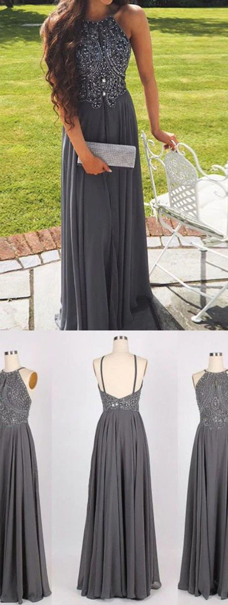 Mörkgrå pärla Top Chiffong Halter Neck Balklänning - Bild 4