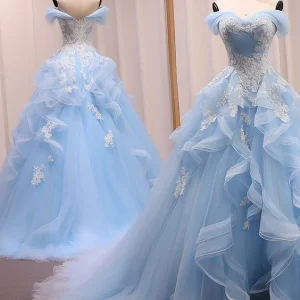 A Line Sweetheart Neck Off Shoulder Long Blue Prom Dresses