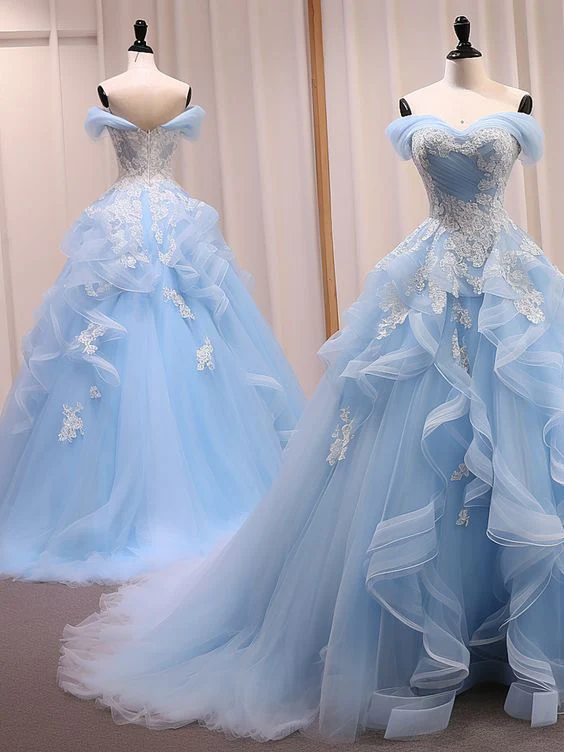 A Line Sweetheart Neck Off Shoulder Long Blue Prom Dresses - Bild 2