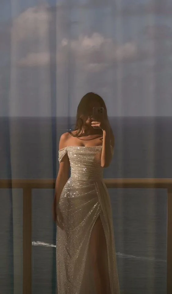 White Sequin Long Sleeves Off Shoulder Prom Evening Wedding Dresses