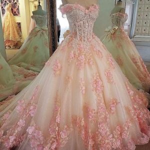 Elegant Beaded Sweet 16 Prom Dresses Pink Lace Ball Gown