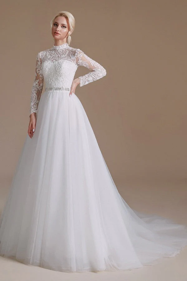 Elegant A-Line High Neck Long Sleeve Wedding Dress with Tulle Lace Design - Bild 4
