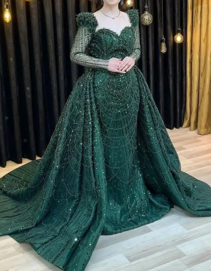 Elegant Glitter Green Mermaid Long Sleeve Prom Dress