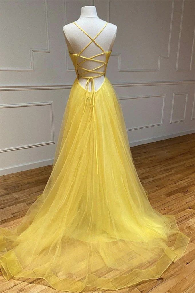 Elegant Yellow Spaghetti Strap Tulle Prom Dress with String Back - Bild 3
