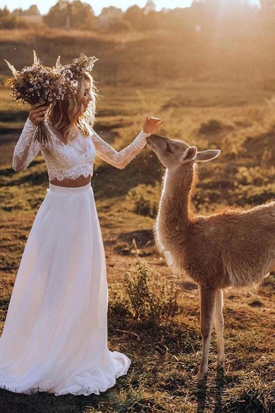 Prisvärd Casual Långärmad Spets Topp Bridal Separater | Rustik 2-delad Crop Top Bröllopsklänning - Bild 4
