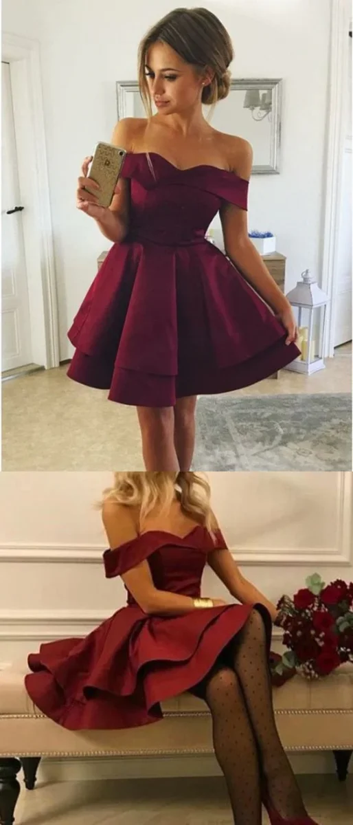 Off Shoulders Burgundy Mini Homecoming Klänning med dubbla lager kjol - Bild 3