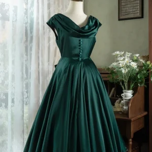 Cowl Neck 50s Open Back Vintage Emerald Green Klänning