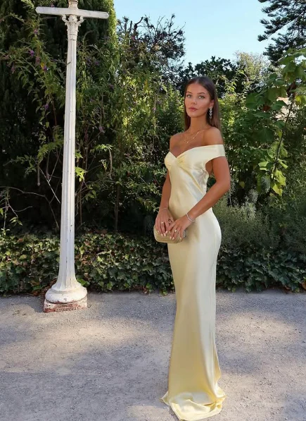 Elegant Mermaid Off-Shoulder Yellow Satin Long Evening Gown Prom Dress - Bild 5