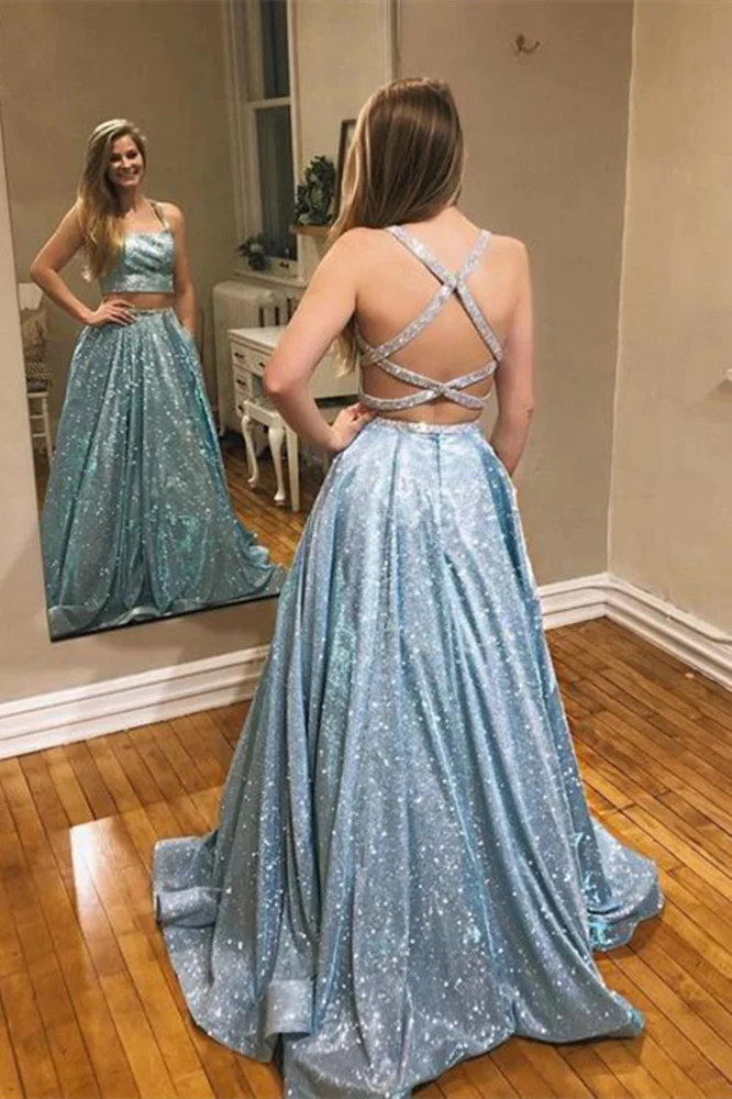 Dusty Blue/Lavender Glitter Long Cross Back Prom Dress - Bild 2