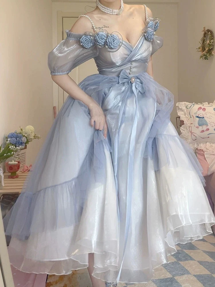 Dusty Blue Off The Shoulder Lolita Prom Dress - Bild 2