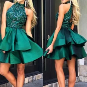 Emerald Green Bead Top Kort balklänning med öppen rygg för Freshman