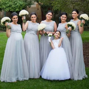 Grå Gravid Spets Topp Modest Illusion Neck Maxi Brudtärna Klänningar