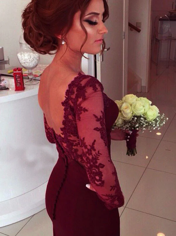 Burgundy Mermaid Queen Anne Lång högtidlig klänning med spets långa ärmar - Bild 4